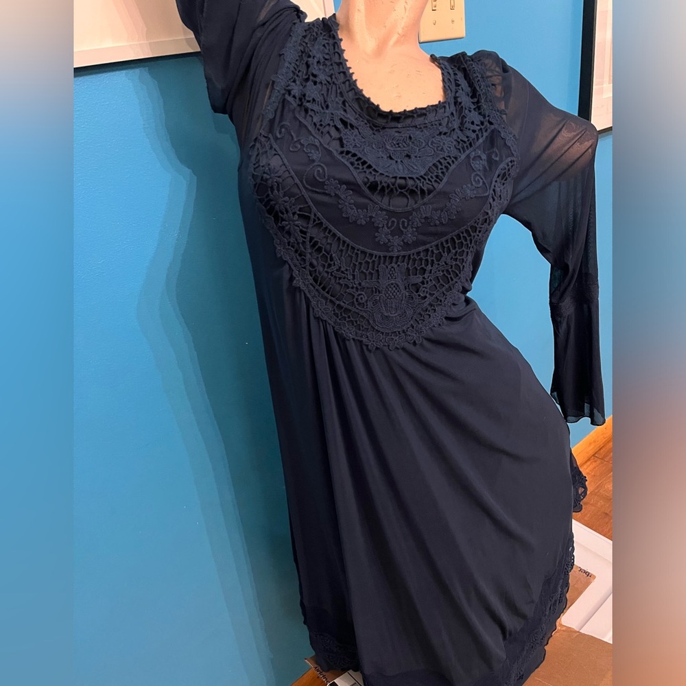 NWT Indigo Thread Co blue sheer shift dress, mod/hippie boho lace, medium